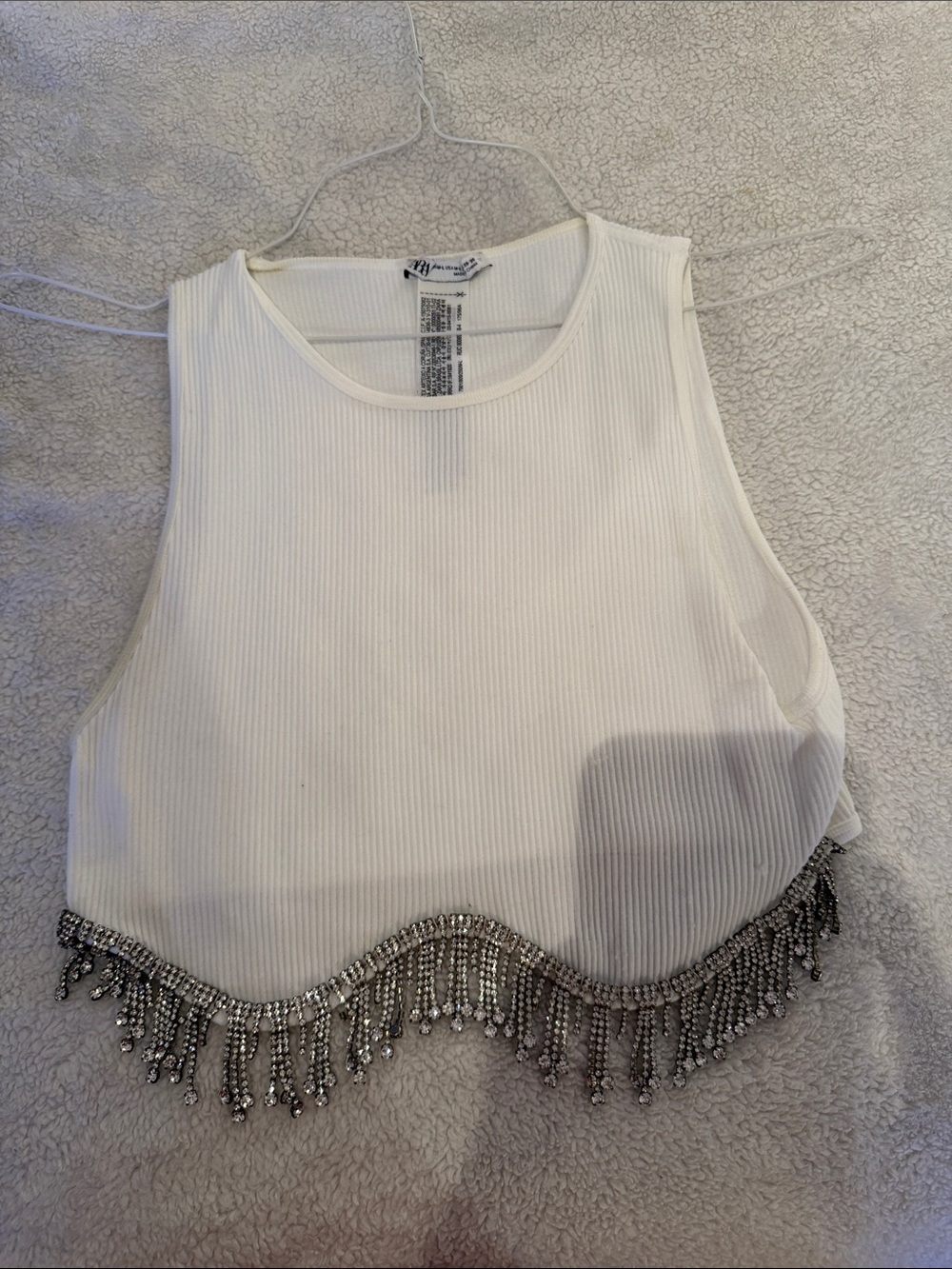 Zara White Ribbed Cropped Tank with Silver Beaded Fringe